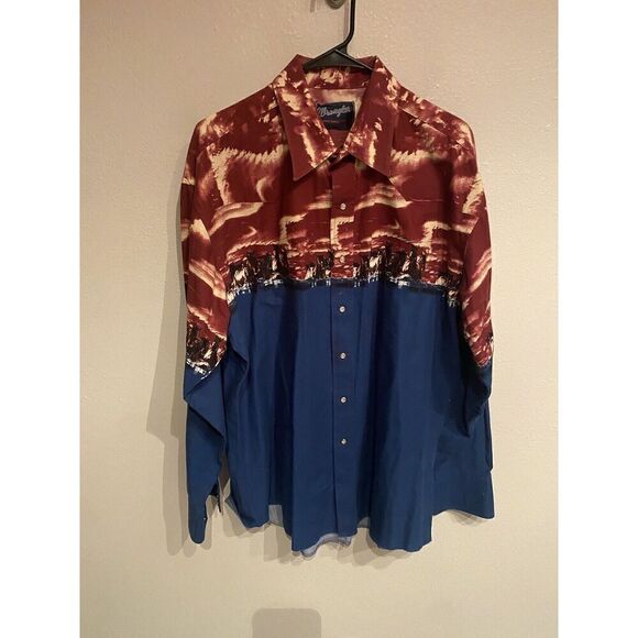 Vintage Wrangler Mens XL Pearl Snap Shirt Horse Print Pattern Water Sky - Picture 1 of 10
